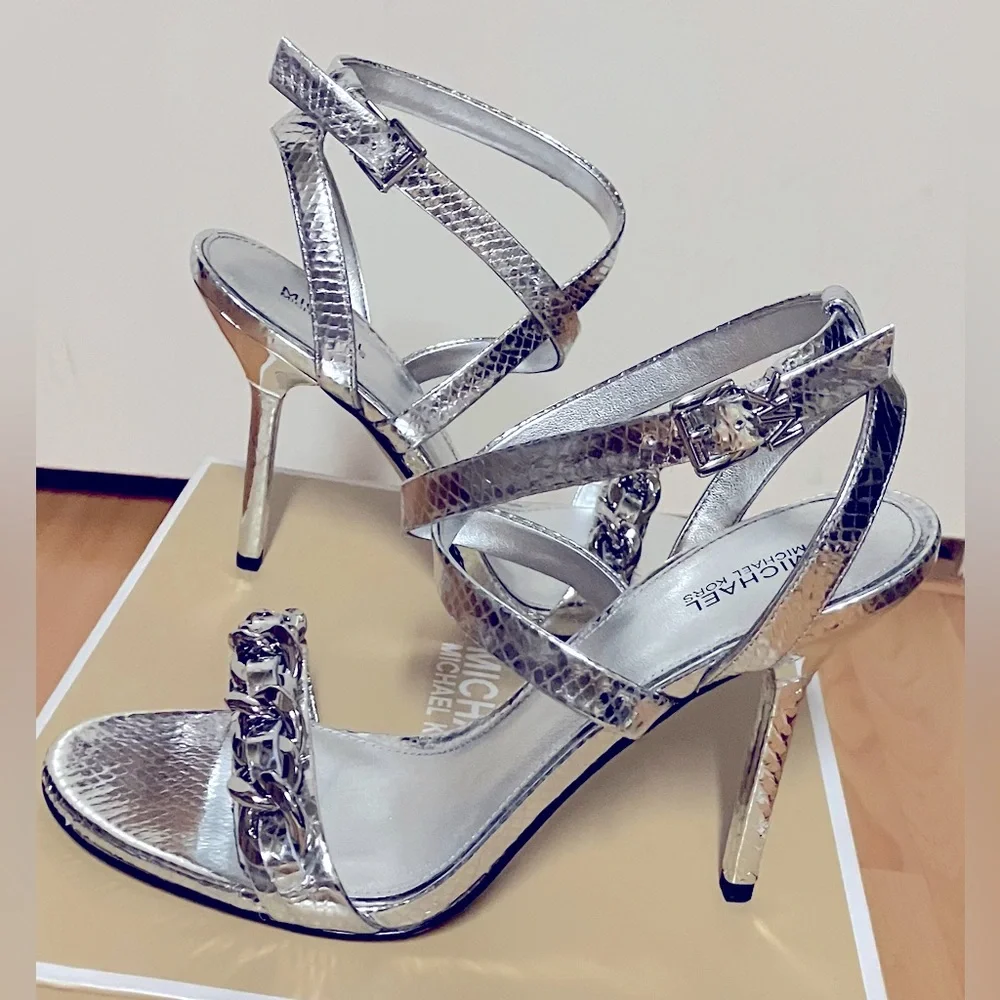 Michael Kors Silver High Heel Leather Sandal - Chain Front/Strappy/Size 7
